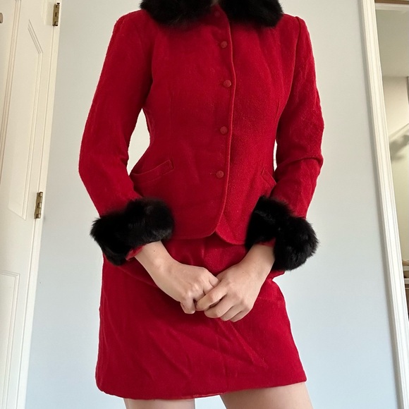 Vintage Jackets & Blazers - Vintage 60s wool red fur skirt jacket suit The Nanny